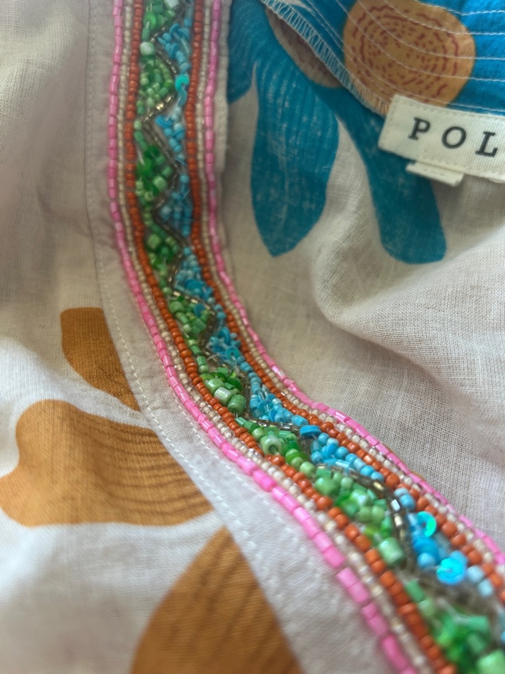 POL Colorful Floral beaded cotton Caftan Tunic size medium - Picture 5 of 6
